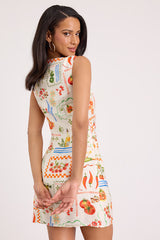 Vittoria Cream Multi Print Twist Strap Mini Dress