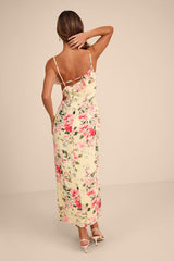 Emery Light Yellow Floral Asymmetrical Ruffled Maxi Dress