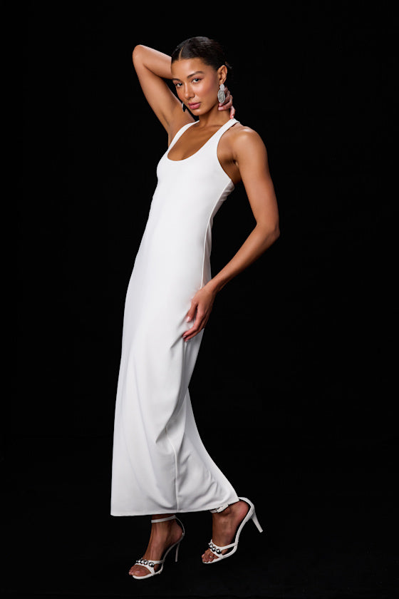 Jalini White Jersey Knit Scoop Neck Maxi Dress