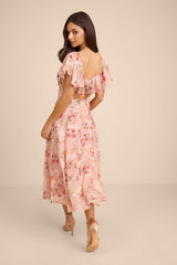Camillo Blush Floral Jacquard Flutter Sleeve Midi Dress