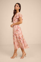 Camillo Blush Floral Jacquard Flutter Sleeve Midi Dress