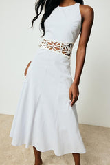 Shya Blue and White Striped Crochet Lace Midi Dress