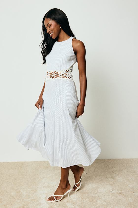 Shya Blue and White Striped Crochet Lace Midi Dress