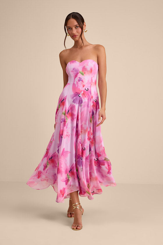 Madoria Pink Multi Floral Strapless Midi Dress