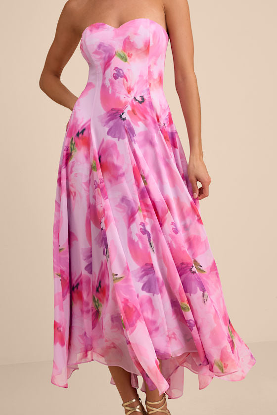 Madoria Pink Multi Floral Strapless Midi Dress