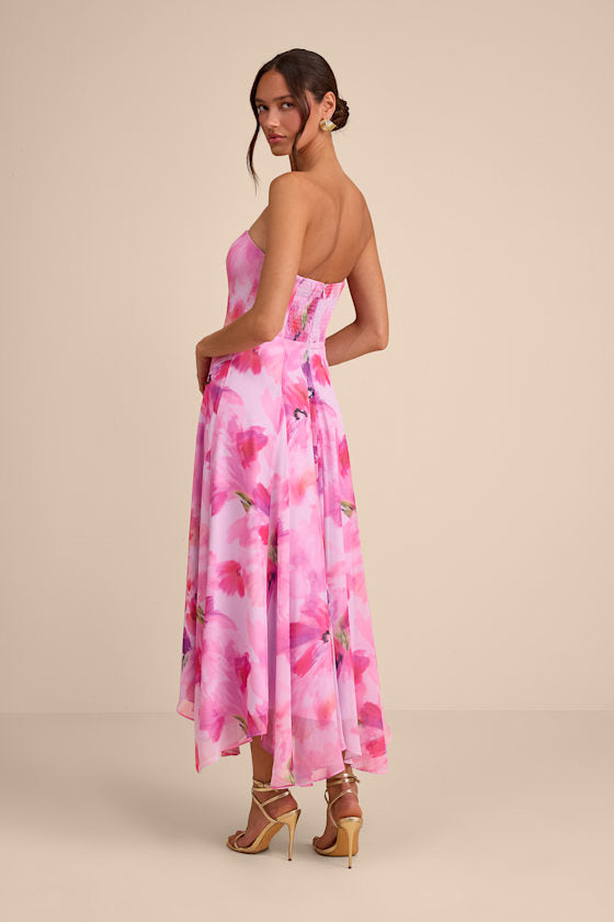 Madoria Pink Multi Floral Strapless Midi Dress