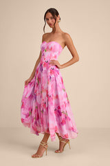 Madoria Pink Multi Floral Strapless Midi Dress