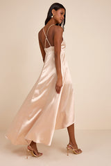 Audria Champagne Satin Wrap High-Low Maxi Dress