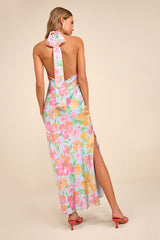 Glowing Presence Light Blue Floral Satin Halter Maxi Dress