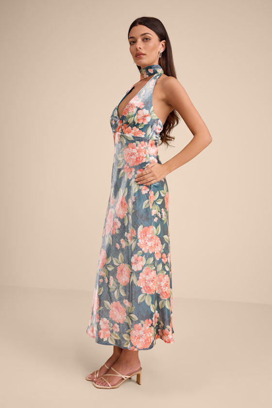 Malani Dark Teal Floral Satin Sash Midi Dress