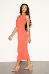 Venus Coral Mesh Backless Midi Dress