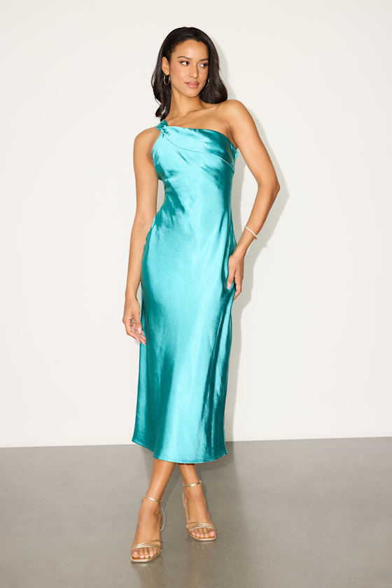 Naima Turquoise Satin One-Shoulder Midi Dress