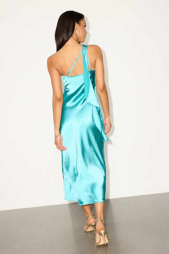 Naima Turquoise Satin One-Shoulder Midi Dress