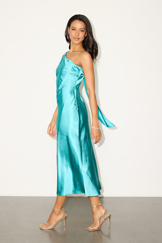 Naima Turquoise Satin One-Shoulder Midi Dress