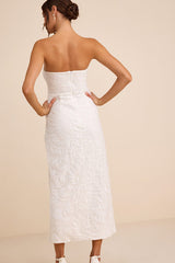 Beyza White Sequin Beaded Strapless Midi Dress
