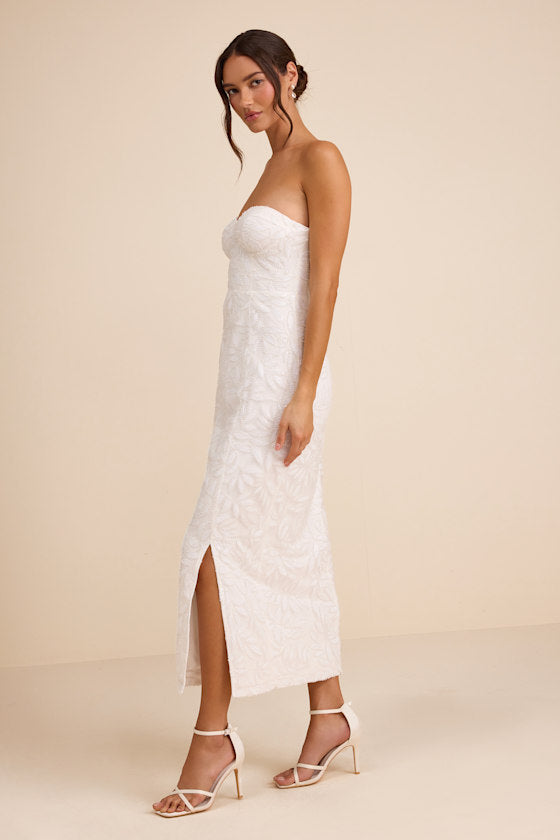 Beyza White Sequin Beaded Strapless Midi Dress