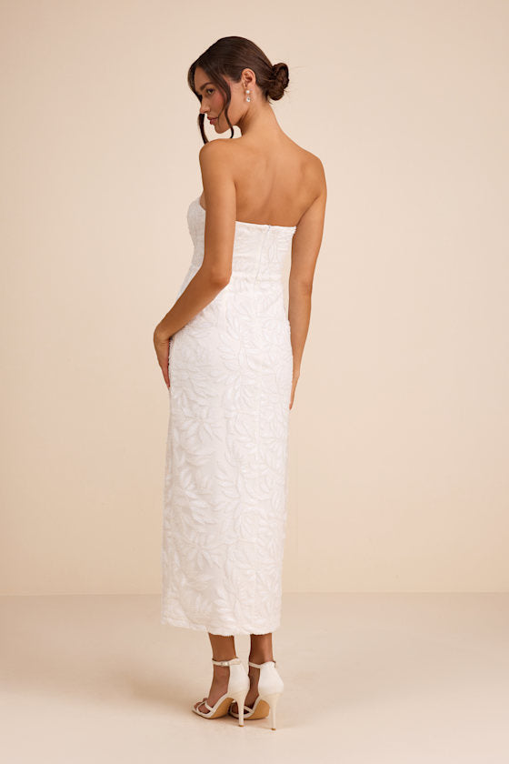 Beyza White Sequin Beaded Strapless Midi Dress