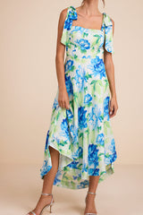 Fleurette Light Green Floral Tie-Strap Midi Dress