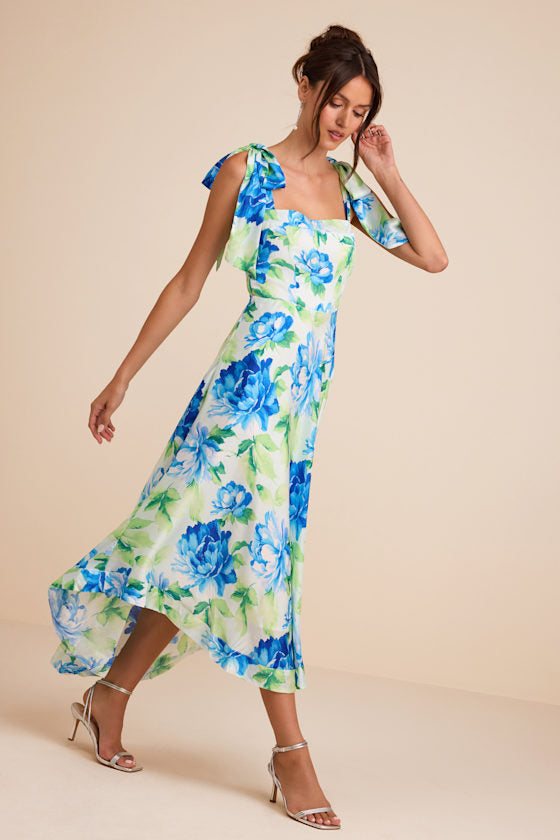 Fleurette Light Green Floral Tie-Strap Midi Dress