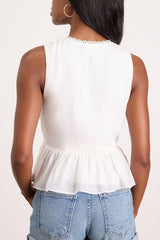 Admirable Cutie White Tie-Front Ruffled Sleeveless Top