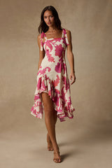 Tamryn Ivory Floral Asymmetrical Ruffled Midi Dress