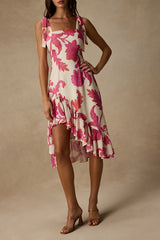 Tamryn Ivory Floral Asymmetrical Ruffled Midi Dress