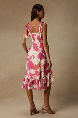 Tamryn Ivory Floral Asymmetrical Ruffled Midi Dress