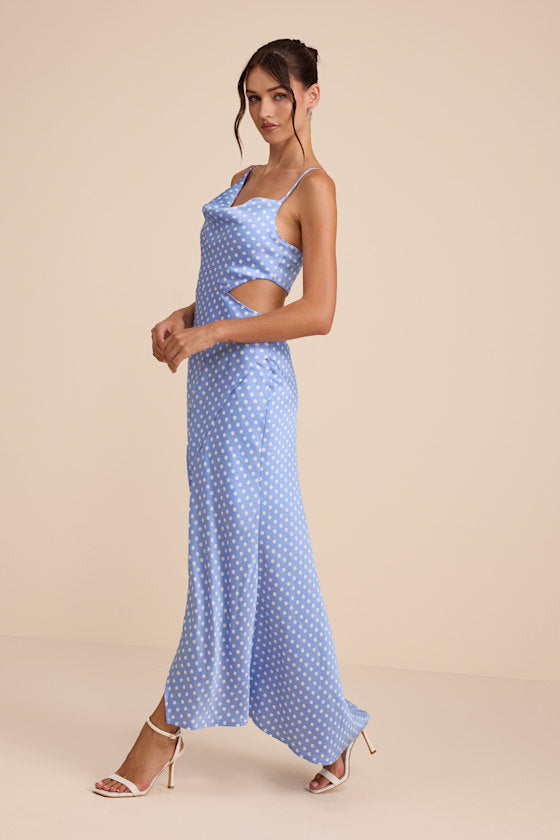 Amella Light Blue Polka Dot Satin Asymmetrical Dress