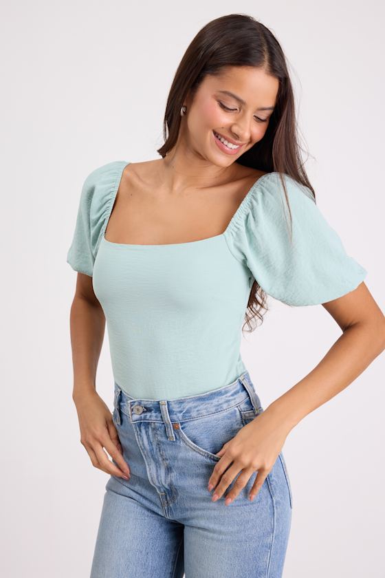 Abundance of Love Mint Textured Puff Sleeve Tie-Back Bodysuit