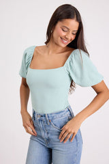 Abundance of Love Mint Textured Puff Sleeve Tie-Back Bodysuit