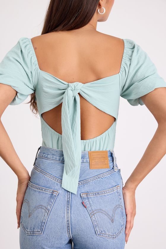 Abundance of Love Mint Textured Puff Sleeve Tie-Back Bodysuit