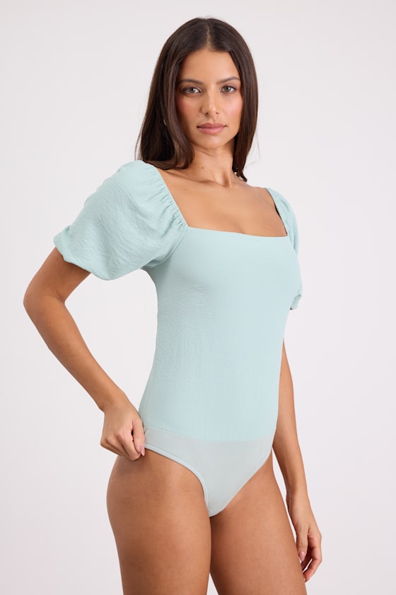 Abundance of Love Mint Textured Puff Sleeve Tie-Back Bodysuit