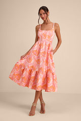 Avalie Pink Floral Jacquard Tiered Bustier Midi Dress