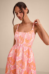 Avalie Pink Floral Jacquard Tiered Bustier Midi Dress