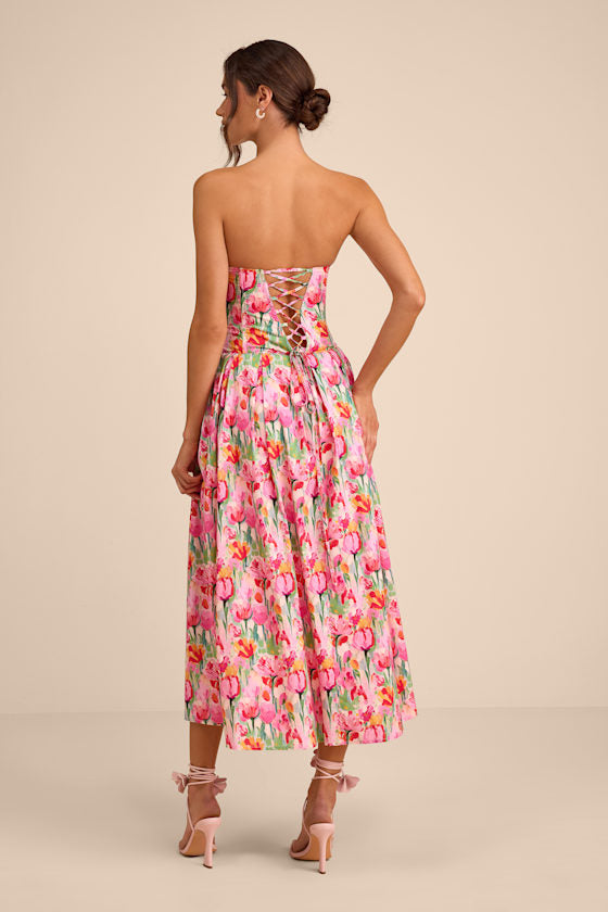 Francena Pink Multi Floral Bustier Midi Dress