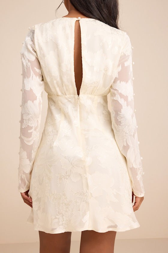 Agnes Ivory Jacquard Long Sleeve Mini Dress