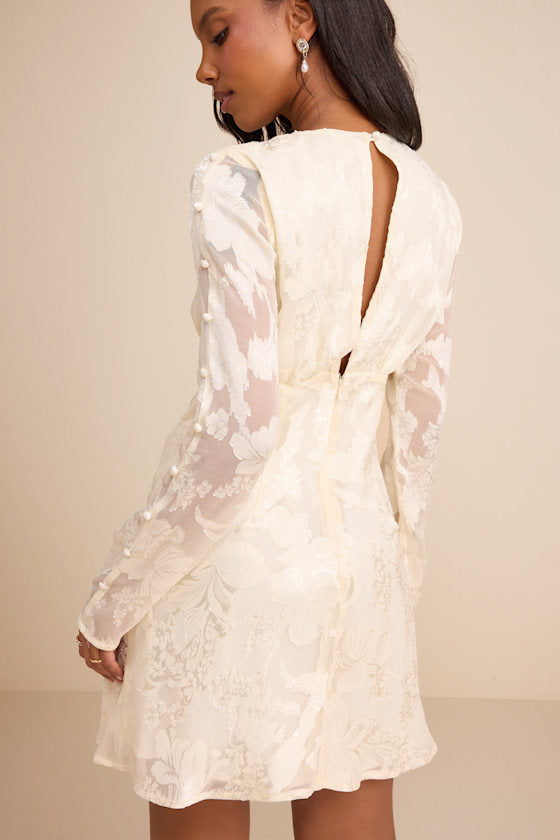 Agnes Ivory Jacquard Long Sleeve Mini Dress