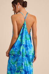 Imana Blue and Green Floral Satin Shift Midi Dress