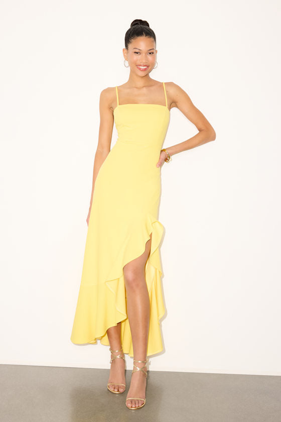 Iveta Light Yellow Cutout Ruffled Sleeveless Midi Dress