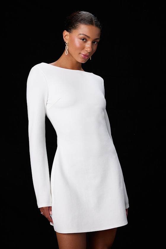 Aldith White Ponte Knit Long Sleeve Mini Dress