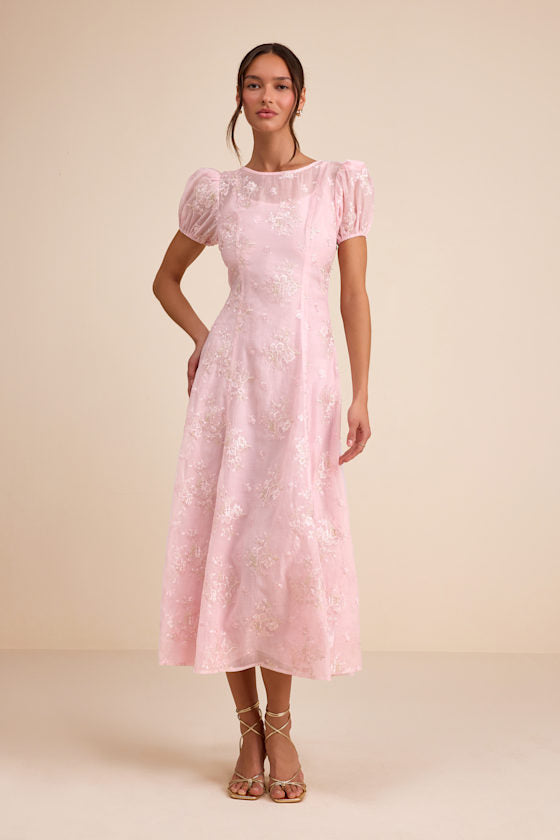 Elfrieda Blush Floral Embroidered Puff Sleeve Midi Dress