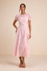 Elfrieda Blush Floral Embroidered Puff Sleeve Midi Dress