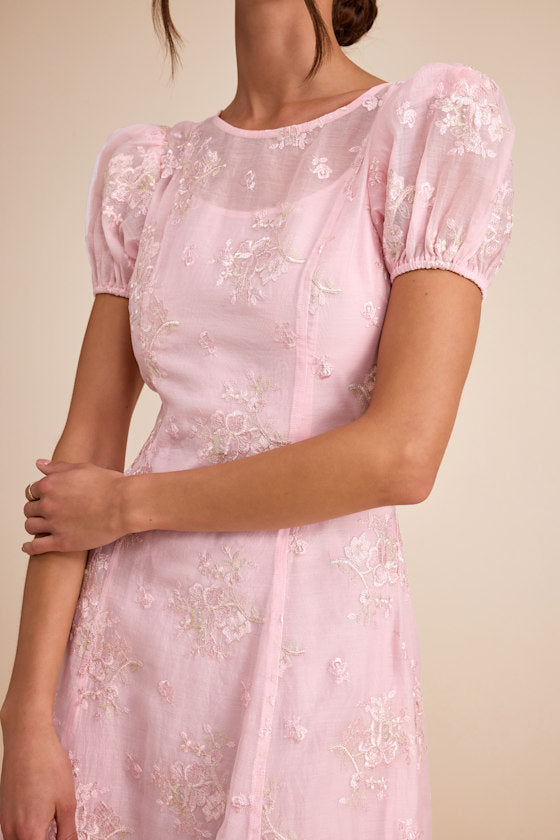 Elfrieda Blush Floral Embroidered Puff Sleeve Midi Dress
