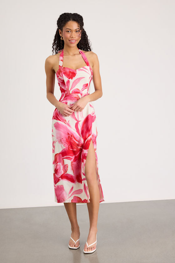 Leilanna Hot Pink Multi Floral Print Halter Midi Dress