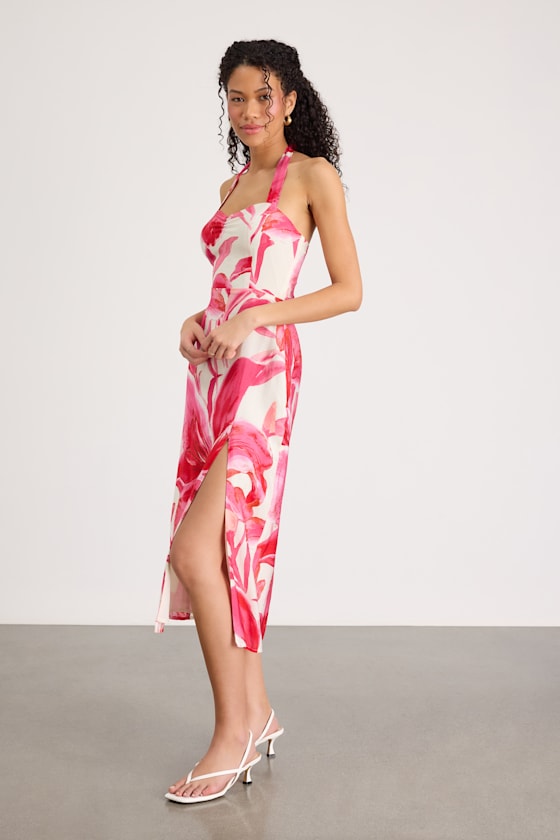 Leilanna Hot Pink Multi Floral Print Halter Midi Dress