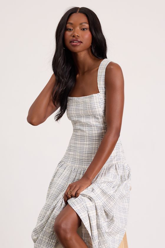 Matilda White Plaid Drop Waist Midi Dress