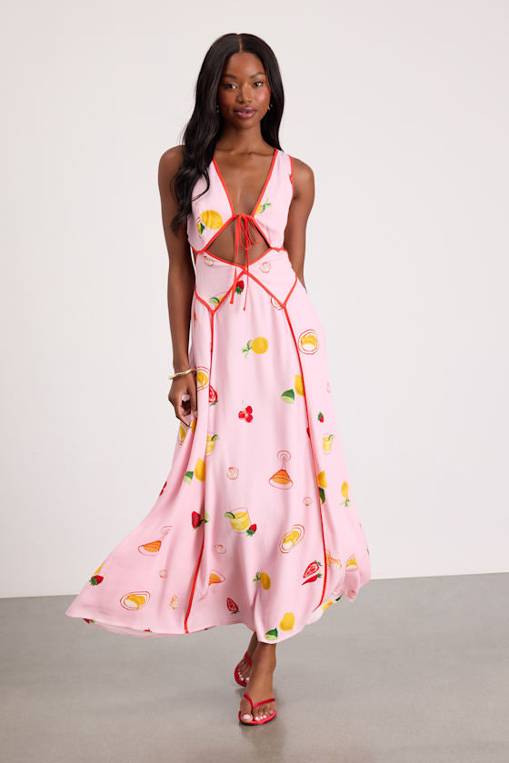 Nabina Light Pink Multi Print Tie-Front Maxi Dress