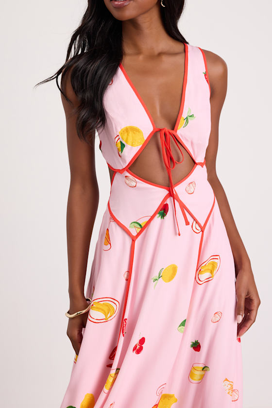 Nabina Light Pink Multi Print Tie-Front Maxi Dress