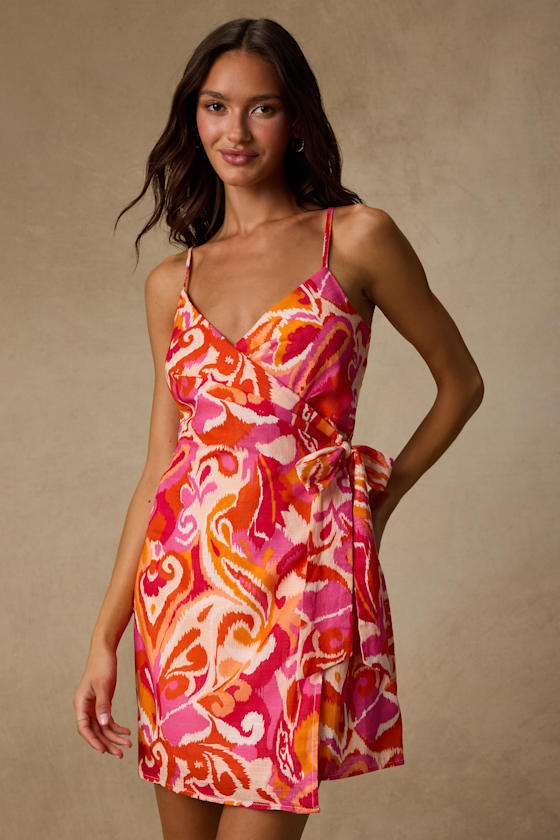 Neya Pink Multi Abstract Wrap Mini Dress