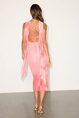 Morena Light Pink Abstract Mesh Sash Scarf Midi Dress